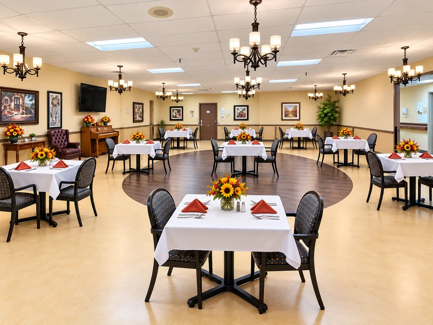The dining room at Vivo Healthcare Gandy, tables laid under the chandeliers