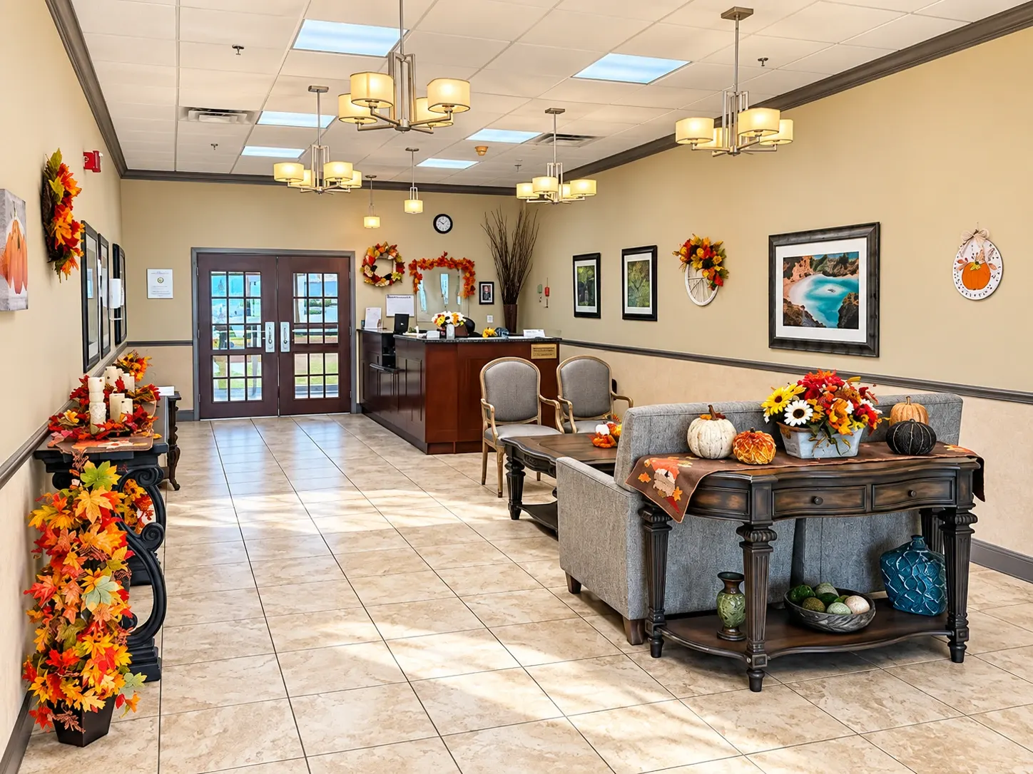 The lobby at Vivo Healthcare Gandy, armchairs by the front doors