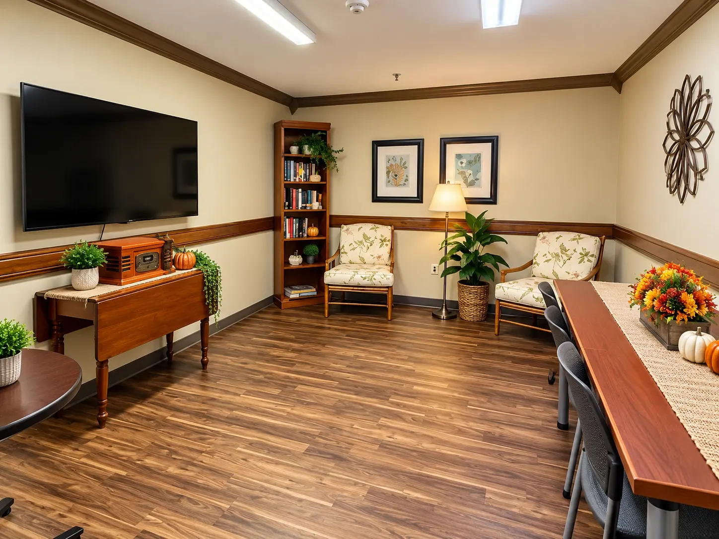 A lounge at Vivo Healthcare Gandy, with a television, armchairs and a bookcase