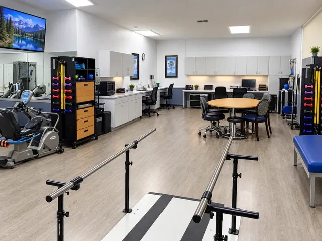 The therapy gym at Vivo Healthcare Gandy, with parallel bars and a training stair
